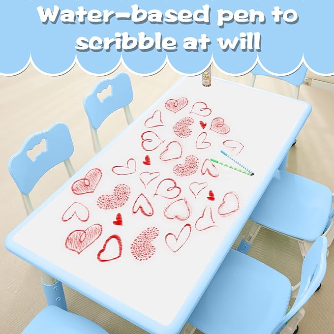 Children's Table and Chair Set Suitable for Boys and Girls Age 2-12 Height Adjustable Table top Can be Painted with 6 Seats Suitable for Family Learning Daily use (Sky blueBlue)-Ruum Studio Home