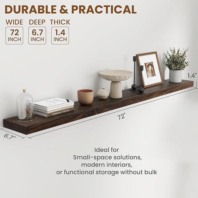 72" Floating Shelves for Wall, Rustic Elm Wood Floating Shelf for Home Decor, Wall-Mounted Display Shelves with Heavy-Duty Bracket, Long Floating Shelf for Bathroom, Kitchen, Living Room, Walnut Color-Ruum Studio Home