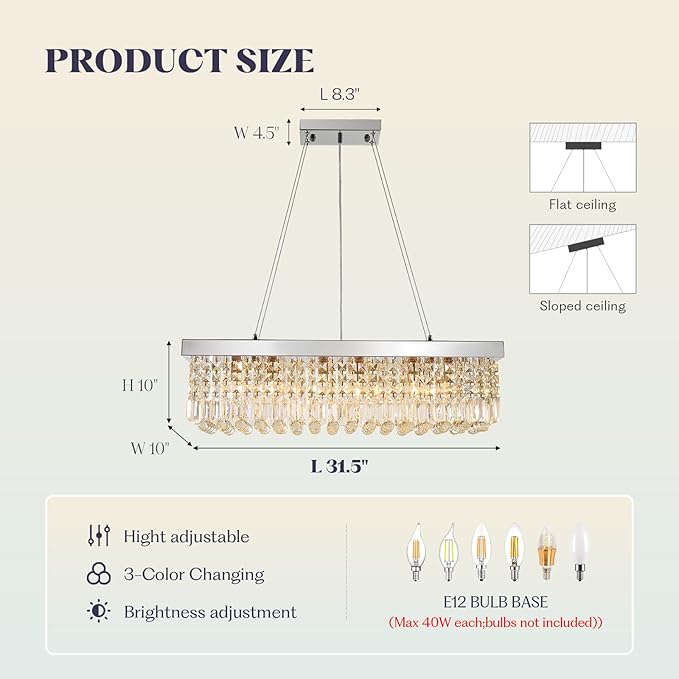 Modern Crystal Chandelier for Dining Room,6 Light K9 Crystal Rectangle Chandelier, Rectangular Pendant Ceiling Light Fixture for Living Room Kitchen Island L31.5''xW10''xH10''-Ruum Studio Home