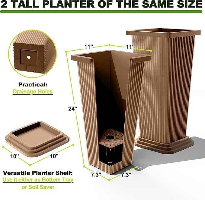 FENCY Set of 2 Tall Planters for Outdoor Plants, 24 Inch Large Tapered Pots with Drainage Trays, Weather-Resistant Plastic Plant Containers for Patio, Porch, Garden, Front Door Decor,Brown, Striped-Ruum Studio Home