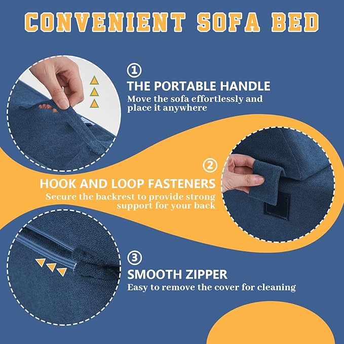 jela Foldable Sofa Bed Soft Foam Convertible Sleeper Chair Luxury Miss Fabric Fold Out Chair Bed Floor Couch with Back Support Floor Sofa for Living Room Bedroom (83"x33",Navy)-Ruum Studio Home