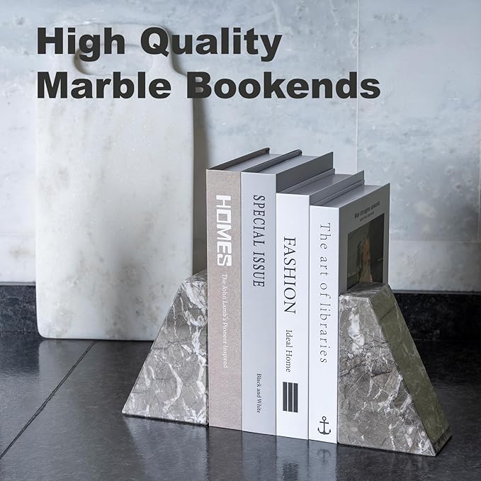 Marble Bookends for Heavy Books, Decorative Bookends for Shelves, Durable and Heavy-Duty Book End for Hardback Book & CDS, Unique Book Stopper & Holder, Gris Lido, Set of 2-Ruum Studio Home
