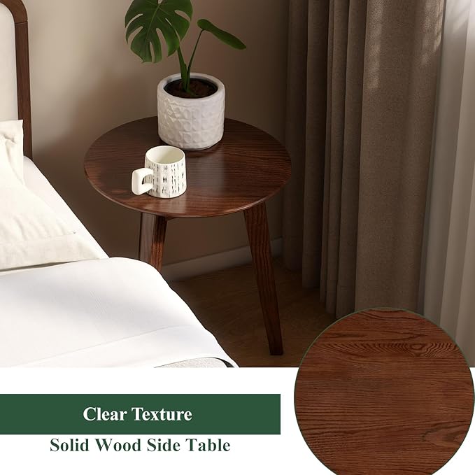 100% Solid Oak Round Side Table, Small Bedside Table for Small Spaces, Living Room End Table with Stable Frame, Modern Nightstand for Bedroom Couch, (Walnut, 17.71" D x 19.68" H)-Ruum Studio Home