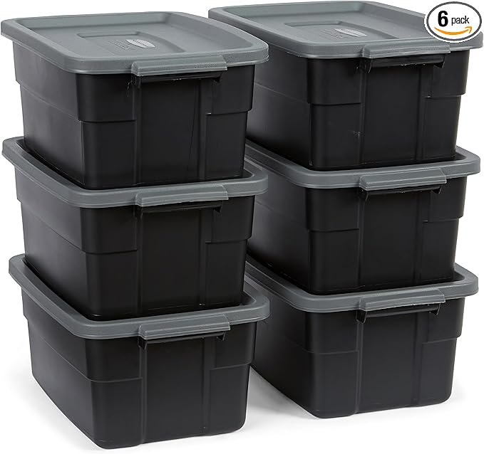 Rubbermaid Roughneck Tote 3 Gal, 6 Pack, Made in USA, Black & Gray, Rugged Plastic Stackable Storage Bins with Lids and Handles-Ruum Studio Home