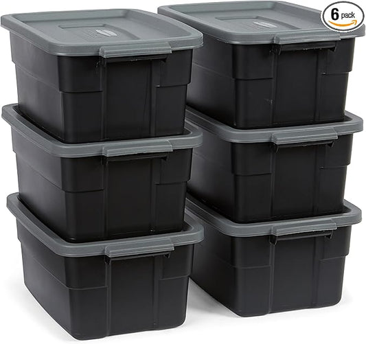 Rubbermaid Roughneck Tote 3 Gal, 6 Pack, Made in USA, Black & Gray, Rugged Plastic Stackable Storage Bins with Lids and Handles-Ruum Studio Home