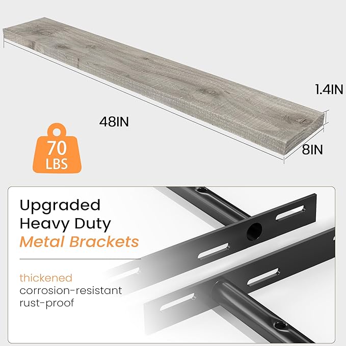 Fun Memories Floating Shelves for Wall Dec, 48"x8" Rustic Reclaimed Wood Shelves, Heavy-Duty Wall Mounted Shelves with Invisible Brackets for Living Room, Bedroom, Kitchen, Grey Finish, Set of 2-Ruum Studio Home