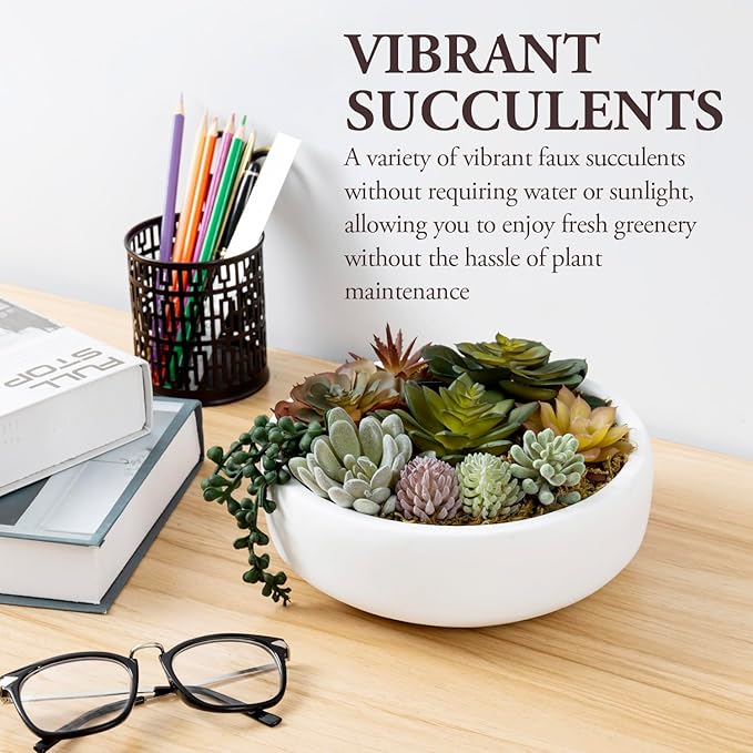 MyGift 8 Inch Round Modern Artificial Succulent Arrangement Potted in White Concrete Plant Bowl, Assorted Faux Mini Succulents in a Decorative Planter Pot-Ruum Studio Home