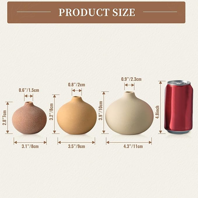 Ceramic Vase Set of 3, Bud Vases for Modern Farmhouse Home Decor, Cute Vases, Small Flower Vases for Dining Table Centerpieces,Living Room,Shelf,Mantel and Entryway Display-Ruum Studio Home