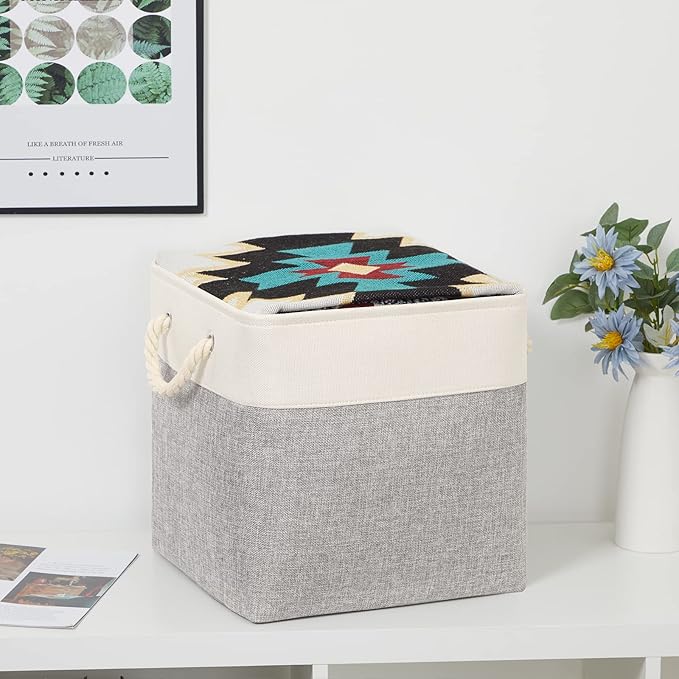 Bidtakay Fabric Basket Set - Large Square Organizer Bins, 13x13, Set of 3, White & Grey-Ruum Studio Home