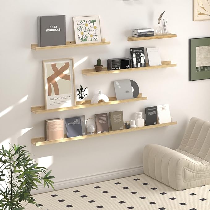 SAUMONIERES Picture Ledge Shelf Floating Book Shelves Set of 2 Wall Mounted Solid Wood for Bedroom Bathroom Living Room Kitchen, 55 Inch Natural-Ruum Studio Home