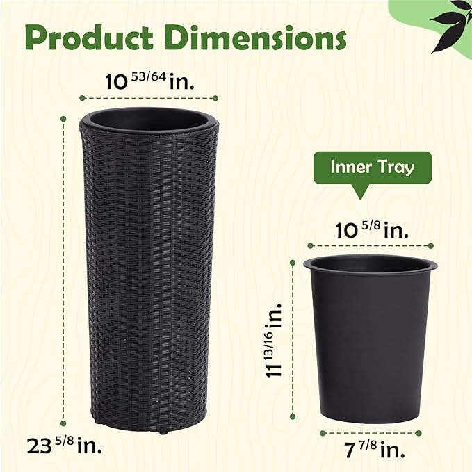 IDZO All Weather Wicker Planters for Outdoor Plants Set of 2, 24 inch Tall Black Planter for Front Porch, Patio, Balcony, Indoor Usage - Round Rattan Flower Pots-Ruum Studio Home