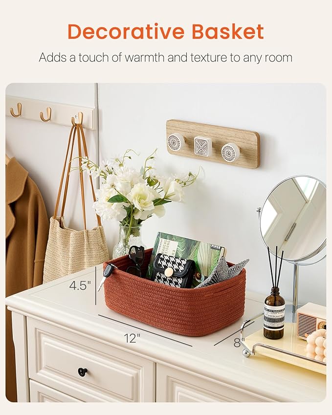 KALLAX Small Woven Basket, 12 x 8 x 4.5 Inches, Storage Basket for Organizing, Cute Small Rope Shelf Closet Cube Storage Bins Baskets for Shelves, Dog Toy Gift Baskets Empty, 3 Pack Rust Red-Ruum Studio Home