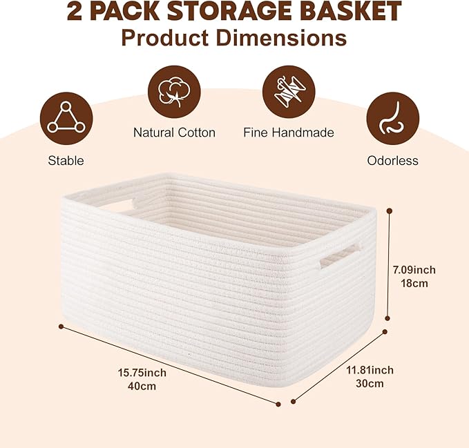 OIAHOMY Storage Basket for Shelves, Closet Cube Storage Bins Baskets for Clothes Blanket Towels, Baby Nursery, Toy Baskets Box, Woven Rope Basket, 15.75*11.81*7.09 IN, 2 Packs White-Ruum Studio Home