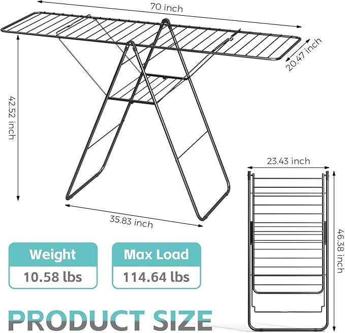 APEXCHASER Clothes Drying Rack, Oversized Drying Rack Clothing with Height-Adjustable, Foldable Gullwings Metal Laundry Rack, Indoor Outdoor Use, No Assembly, Black-Ruum Studio Home