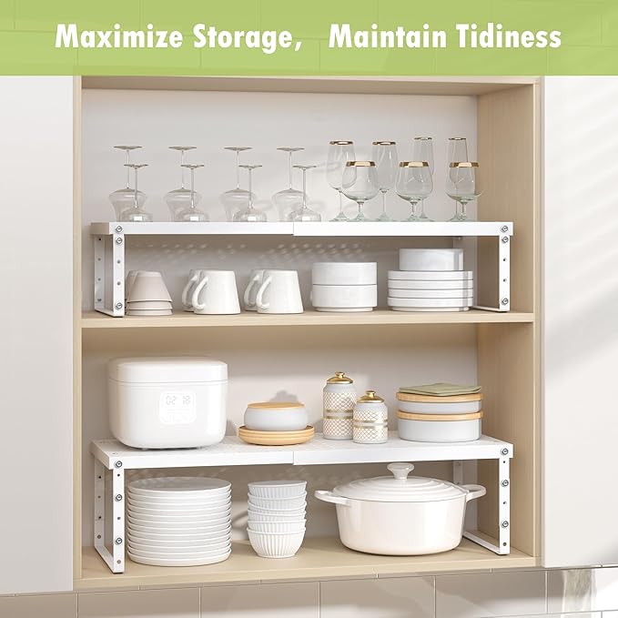 Expandable Cabinet Organizer Shelf With Adjustable Height, Stackable Kitchen Countertop Organizer Rack, Adjustable Shelf Riser For Kitchen Counter, Pantry, Cupboard, Desk, Tabletop-Ruum Studio Home