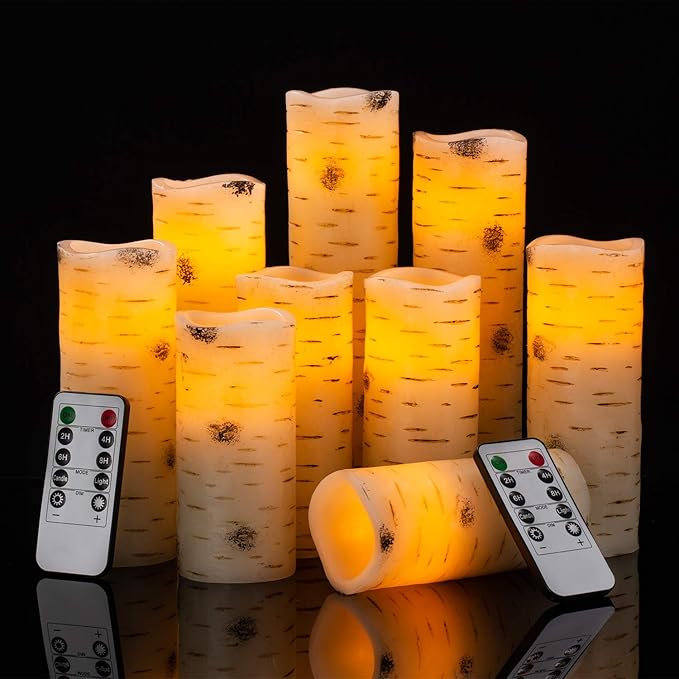 Flameless Flickering LED Candles with Birch Bark Effect - Set of 9 Battery-Operated Real Wax Pillar Candles with 10-Key Remote Control - 2/4/6/8 Hour Timer-Ruum Studio Home