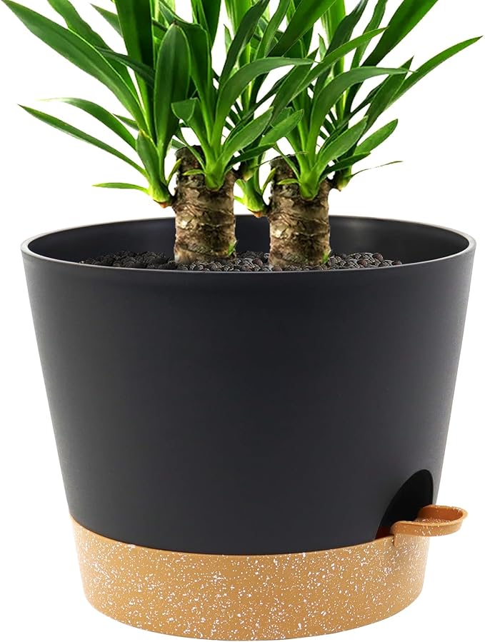 Self Watering Pots for Indoor Plants,12 inch Planters with Drainage Holes Plastic Flower Pots with Deep Reservoir, Black with Brown-Ruum Studio Home