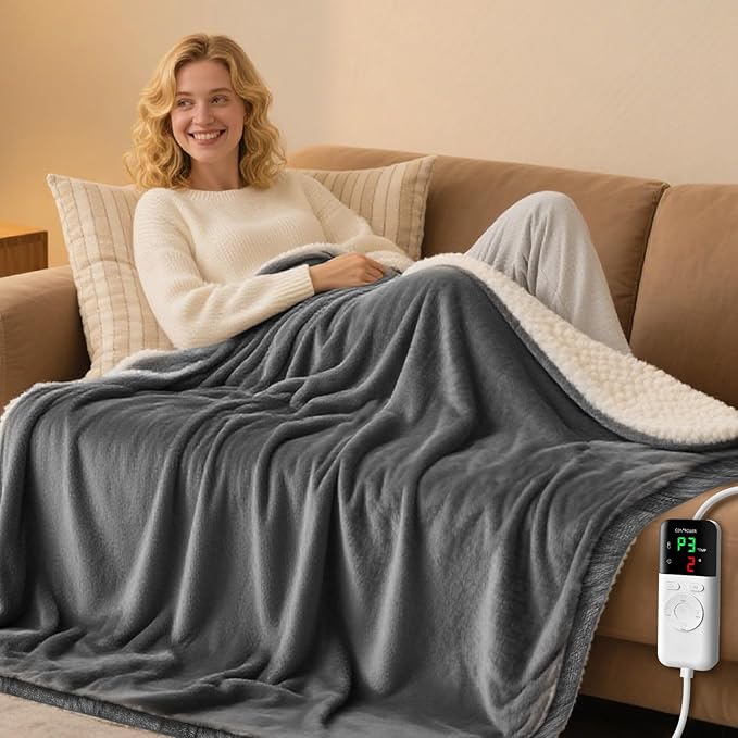 Heated Blanket Throw 50x60, Extra Plush 220GSM Flannel & Sherpa with Child Lock | 6-Level Smart Adaptive Heat & 8Hr Timer | ETL Certified Electric Blanket for Full Body Comfort-Ruum Studio Home