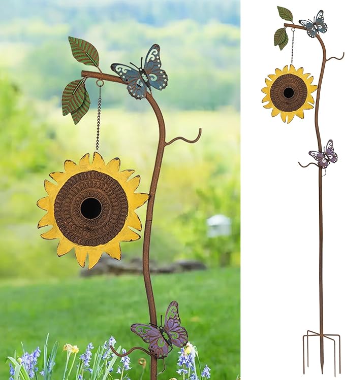BAYN 57” Bird Houses Stake for Outside, Metal Wild Bird Feeder Birdhouse Stake Pole with Sunflower Design Outdoor Decorations for Patio, Backyard, Garden-Ruum Studio Home