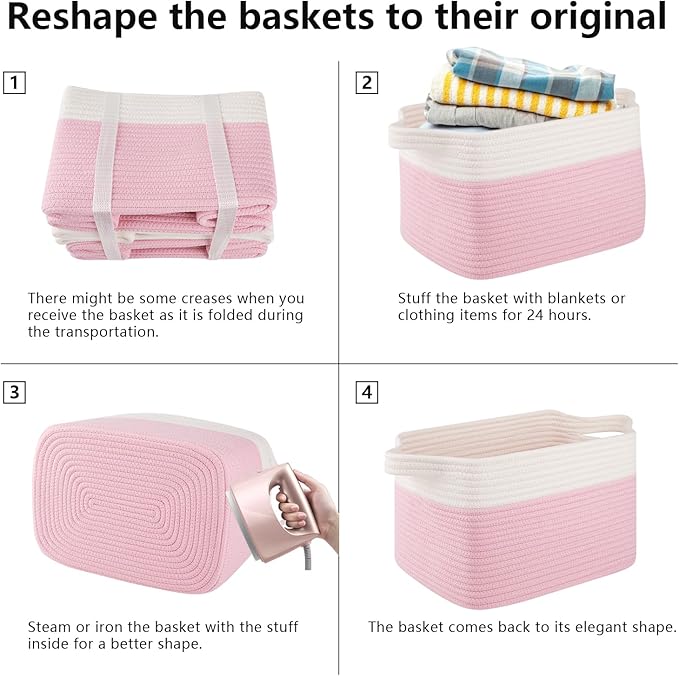 OIAHOMY 3 Pack Storage Basket for Organizing, 13''X9.85''X8.7'' Woven Storage Bins with Handles, toy organizers,Stylish Room Decor, Pink & white-Ruum Studio Home