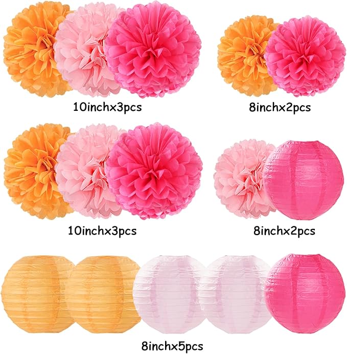 Pink-Orange Party-Decorations Paper-Flowers Lanterns - 15PCS Fall Wedding Birthday Tissue Pom Poms Streamers, Boho Baby Bridal Shower Graduation Sunset Hanging Supplies Decor Hugfond-Ruum Studio Home