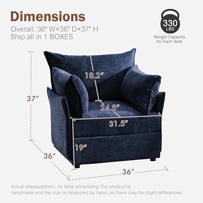 Oversized Accent Chair, Upholstered Modern Sofa Chair with Removable Backrest & Detachable Cover, 24.5" Deep Seat Large Reading Armchair for Living Room Bedroom Office - Chenille Blue Set of 1-Ruum Studio Home