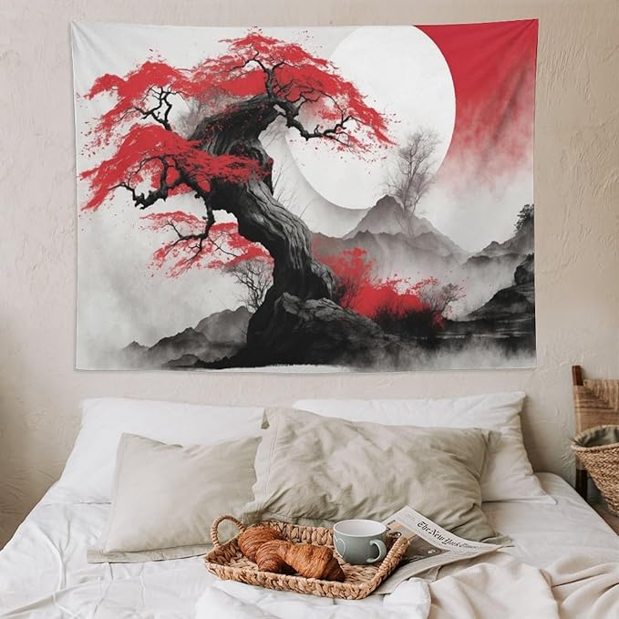 Cherry Blossoms Tapestry,Japanese Red Landscape Asian Watercolor Abstract Art Tapestry,Japanese Wall Tapestry, Nature Landscape Tapestries for Bedroom Living Room Decor 80"x60"-Ruum Studio Home