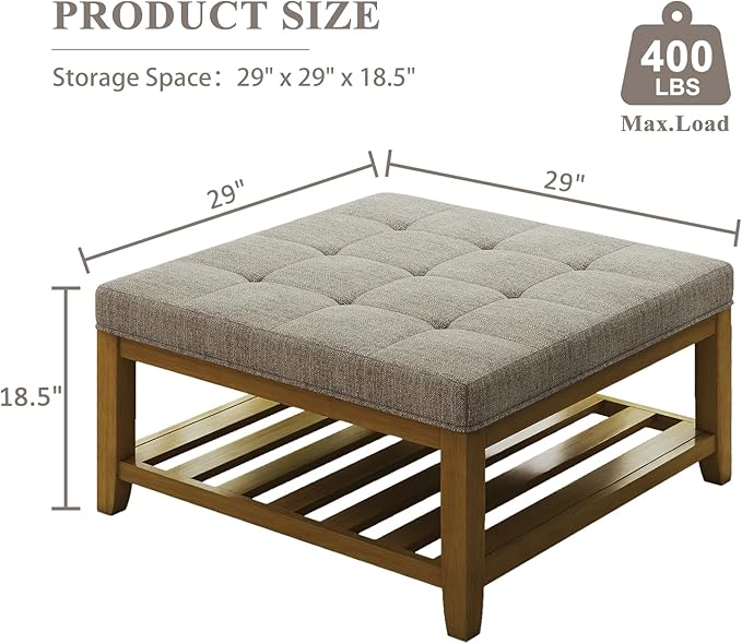 Large Square Ottoman Coffee Table, Linen Solid Upholstered Footrest Ottoman with Solid Wood Shelf Storage Tufted Coffee Table for Bedroom Living Room, Linen-Ruum Studio Home