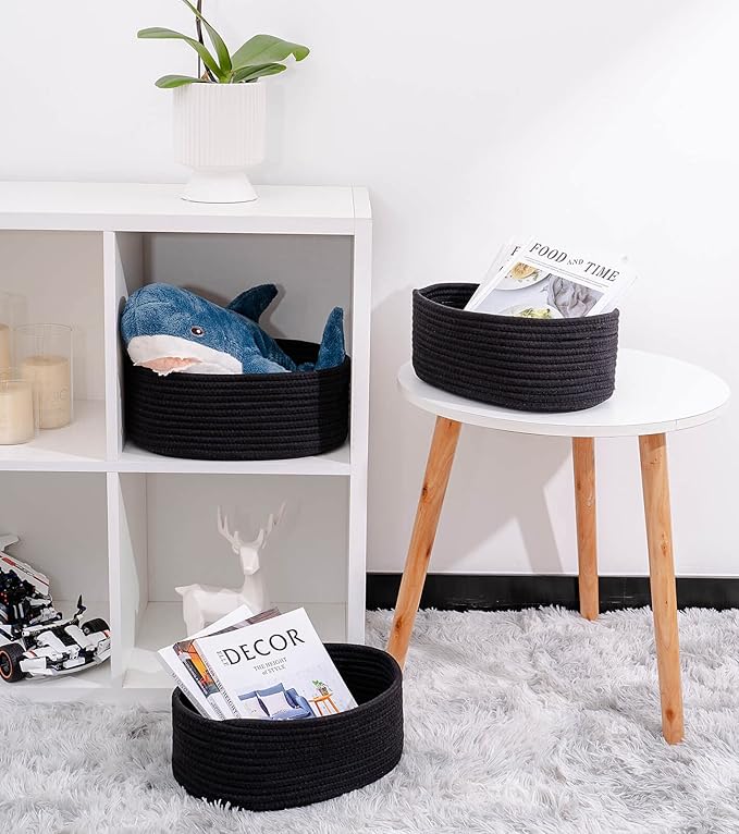 Shelf Storage Baskets for Organizing|Cute Basket for Closet&Blanket Storage|Small Woven Baskets to Store Toys,Books,etc.-13x8.66x5.11’’ Cotton Rope,Stylish,Oval 3 Packs Black-Ruum Studio Home