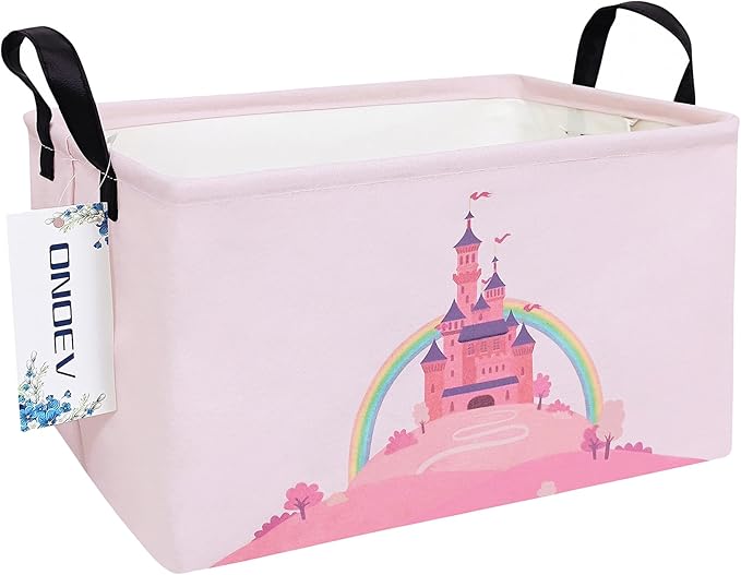 Rectangular Folding Laundry Basket,waterproof Canvas Basket,gift basket,Suitable for children's room,Office,Clothes,Toys Storage(Pink Castle)-Ruum Studio Home