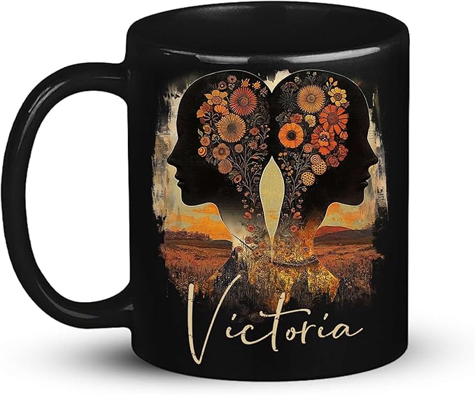 Personalized Autumn Landscape Black Cup, Custom Name Coffee Mug 11oz 15oz, Custom Floral Silhouette Ceramic Cup, Gifts for Women, Zodiac Inspired Coffee Mug, Gifts for Birthday-Ruum Studio Home