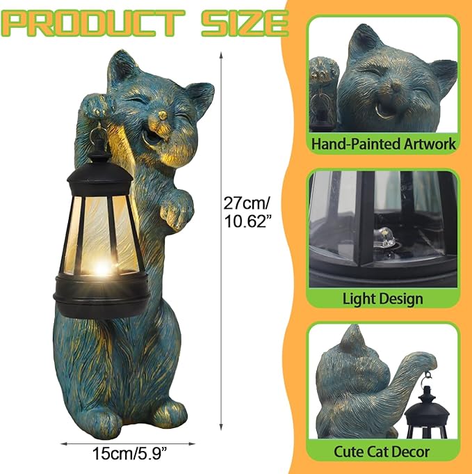 Garden Statues Cat with Solar Lantern Outdoor Bunny Figurines Decorations for Patio Yard Lawn Ornaments Gifts for Birthday Easter Housewarming Mother's Day-Ruum Studio Home