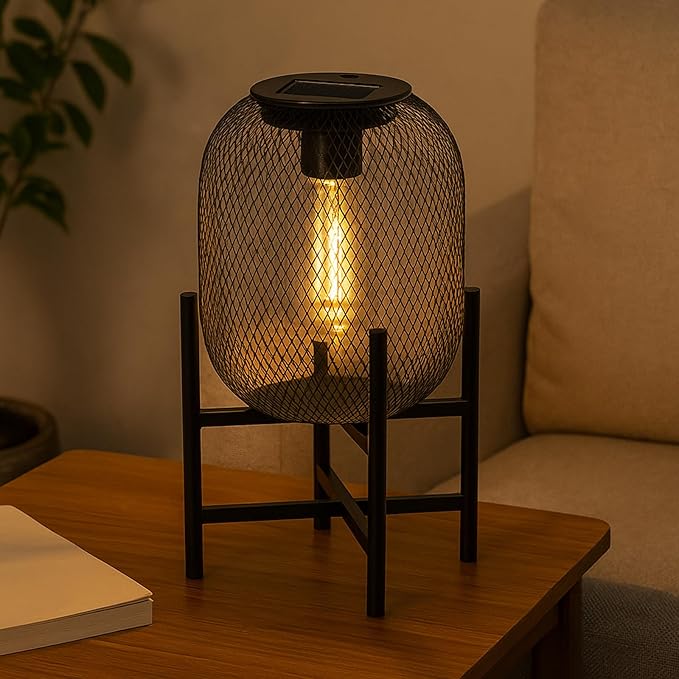 Solar Mesh Lantern Outdoor – 13.8" Tall Black Metal Patio Light with Edison Glass Bulb, Solar Powered Warm Glow LED, Waterproof IP65 for Garden, Porch, Deck, Tabletop Decor-Ruum Studio Home