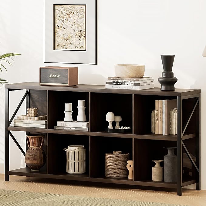 8 Cube Storage Organizer Bookshelf, Industrial Horizontal Bookcase, Accent Cubby Shelf, Media Console Table for Living Room, Home Office, 63 Inches, Brown Walnut-Ruum Studio Home