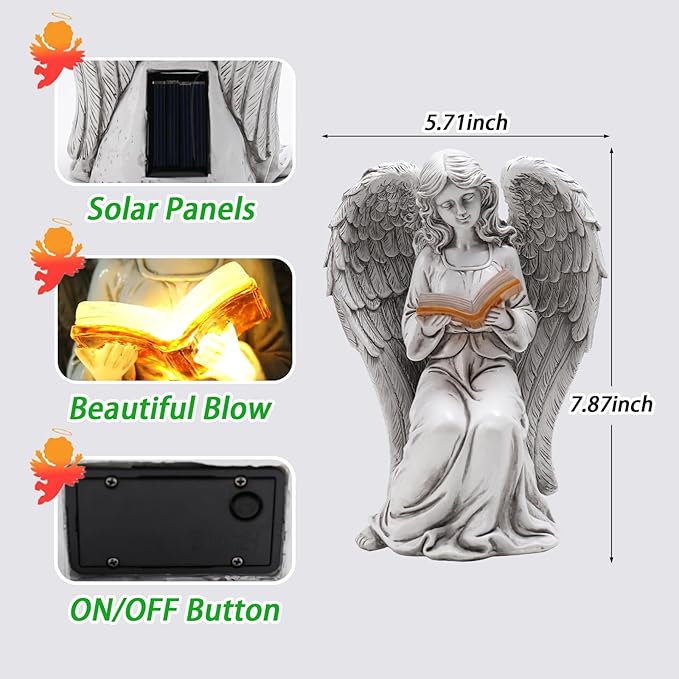 Angel Statue Outdoor Decor, Elegant Angel Garden Statues Reading Book with Solar LED Lights Yard Decorations Lawn Ornaments Figurines Resin Sculpture for Outside, Angel Gardening Gifts-Ruum Studio Home