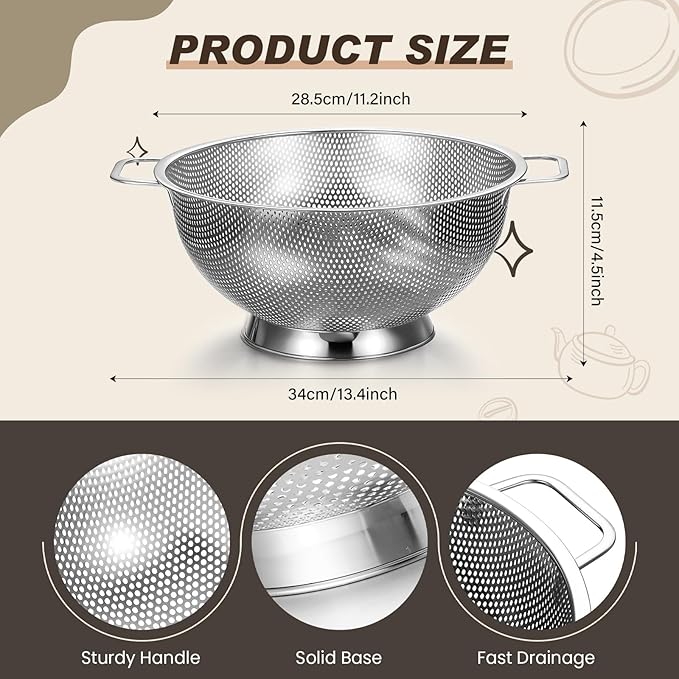 Norme 5 Quart Stainless Steel Silver Colander and 3 Pcs Silver Fine Mesh Strainer, Stainless Steel Pasta Rice Food Metal Strainer with Handles, Easy Clean and Dishwasher Safe-Ruum Studio Home