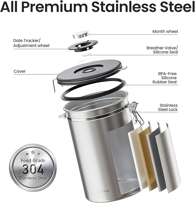 Veken Coffee Canister, 39OZ Large, Airtight Stainless Steel Food Storage Container for 2.2lbs Coffee Beans, Ground, Sugar, Tea, Flour, Rice, Cereal, Cookies Jars, Bar Accessories & Gifts, Silver-Ruum Studio Home