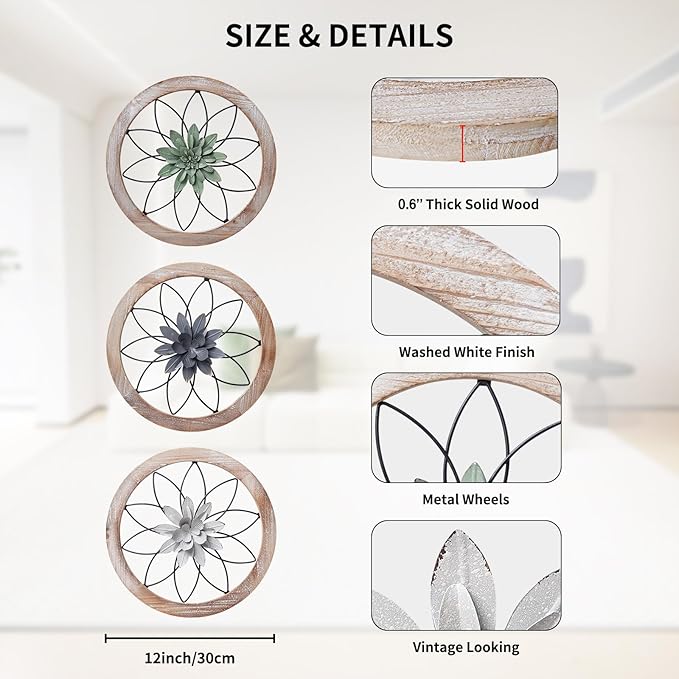 Paquesta 3 Piece Round Farmhouse Wall Decor with 6 Piece Interchangeable Flowers 12'' Medallion Wood & Metal Rustic Wall Art for Living Room Bedroom Kitchen Bathroom Dining Room Home Decorations-Ruum Studio Home