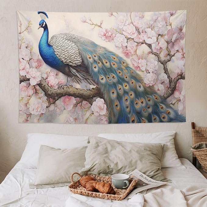 Peacock Tapestry Peacock Tapestries Fabric Wall Hanging Aesthetic Space Garden Indoor Outdoor Wall Art Tablecloth Bedspread Decoration for Bedroom Dormitory Living Room Home Decor 60"x90"-Ruum Studio Home