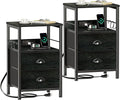 Furologee Nightstand Set of 2, Black Oak, with Charging Station and USB Ports, Side Tables with 2 Fabric Drawers, Bedside Tables with Storage Shelf & Hooks, for Living Room/Bedroom-Ruum Studio Home