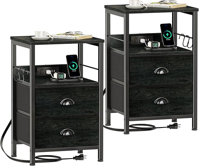 Furologee Nightstand Set of 2, Black Oak, with Charging Station and USB Ports, Side Tables with 2 Fabric Drawers, Bedside Tables with Storage Shelf & Hooks, for Living Room/Bedroom-Ruum Studio Home