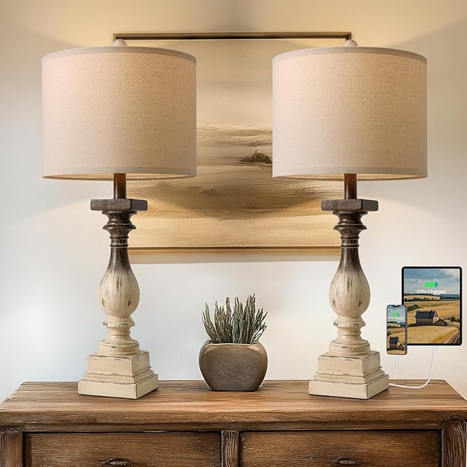 BOBOMOMO 27" Farmhouse Table Lamps with USB-A +C Ports, Vintage Rustic Side Table Lamps Set of 2, Linen Shade, Retro Bedside Night Stand Lamps for Living Room, Bedroom, Office, Home Decor-Ruum Studio Home