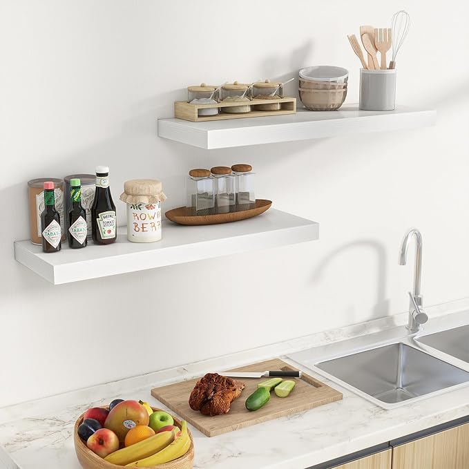 Fun Memories Floating Shelves for Wall, 32 Inch Long Floating Shelves Set of 2, 32 x 10 Wooden Shelves for Wall, Large Storage Shelves, Hanging Shelves for Bathroom Kitchen Bedroom, White-Ruum Studio Home