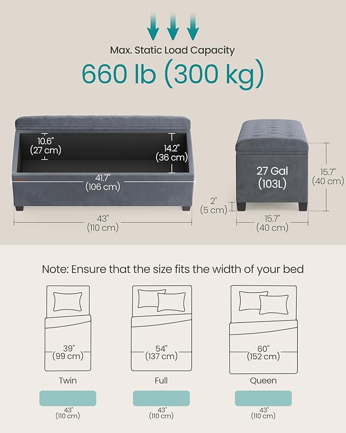 SONGMICS Velvet Storage Ottoman Bench, Foot Rest with Legs, 15.7 x 43 x 15.7 Inches, End of Bed Bench, Storage Chest, Load up to 660 lb, for Living Room, Bedroom, Entryway, Slate Gray ULSF089G01-Ruum Studio Home