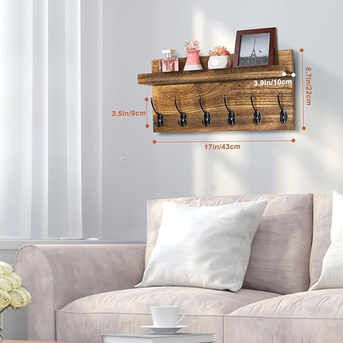Shelf with Hooks, Coat Rack Wall Mount with 6 Double Metal Hooks, 17 Inch Farmhouse Wall Hooks with Shelf, for Entryway, Bathroom, Kitchen, Rustic Brown-Ruum Studio Home