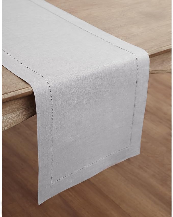 Solino Home Linen Soft Grey Table Runner 72 Inches Long - 100% Pure Linen Hemstitch Table Runner 14 x 72 Inch for Dresser, Dining, Fall, Autumn, Halloween, Thanksgiving - Classic Hemstitch-Ruum Studio Home