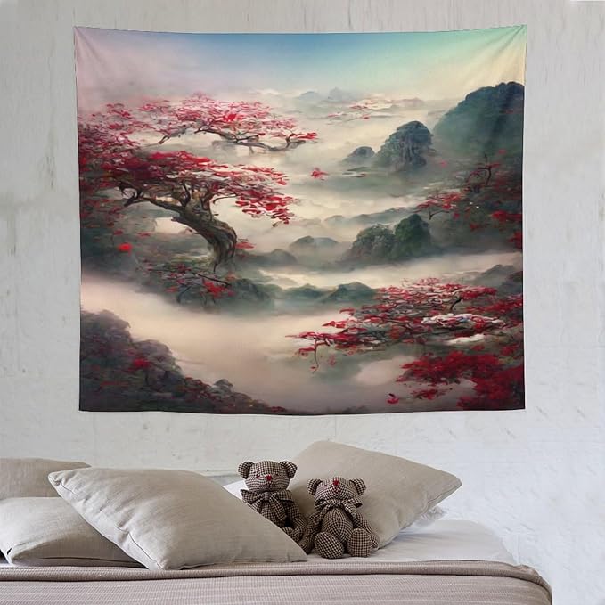 Japanese Tapestry, Red Plum Cherry Blossom Mountain Tapestry, Asian Japanese Wall Tapestry, Nature Landscape Tapestries for Bedroom Living Room Decor 60"x50"-Ruum Studio Home