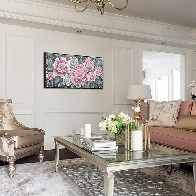 Large Pink Wall Art for Living Room- Pink and Black Peony Floral Canvas Wall Art Modern Framed Moody Black and White Wall Picture Flower Artwork Decor for Bedroom Dining Room Office 48x24-Ruum Studio Home