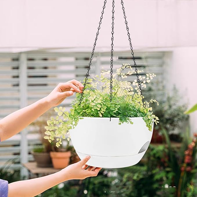 2 Pack Hanging Planters for Indoor Outdoor Plants, 8 Inch Self Watering Hanging Pot with Drainage Holes and Saucer, Plastic Plant Pots, White Flower Pots for Kitchen, Balcony, Garden-Ruum Studio Home