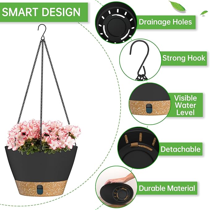 ZMTECH 10 Inch Hanging Planters for Outdoor Plants, Hanging Pots for Plants Indoor with Visible Water Level, Hanging Flower Basket with Drainage Holes & Removable Tray(2 Pack, Gray)-Ruum Studio Home
